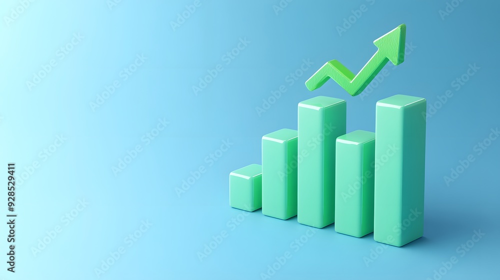 Green bar graph with ascending arrow on blue background symbolizing growth, business success, and financial data analysis. Green bar graph with ascending arrow on blue background symbolizing growth, business success, and financial data analysis.