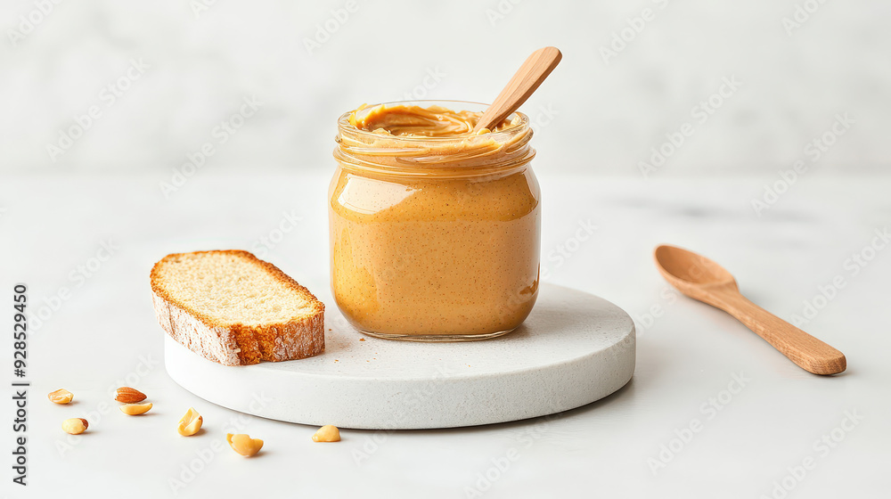 3D illustration of Organic nut butter, jar with spread on bread 3D illustration of Organic nut butter, jar with spread on bread