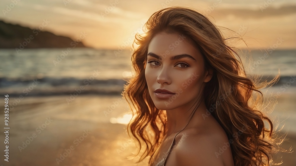 Portrait of a woman on the beach with golden sunlight. Portrait of a woman on the beach with golden sunlight.