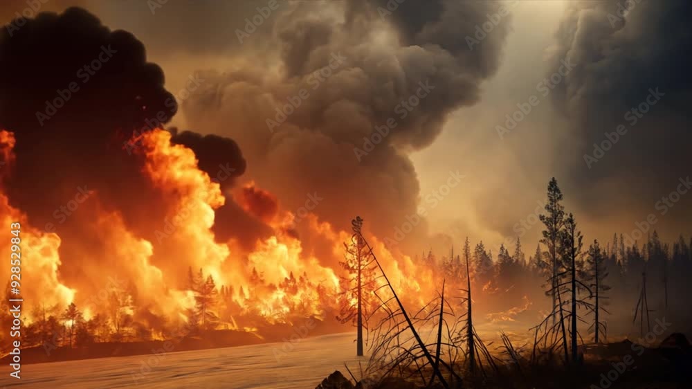 A fire is burning in a forest, with smoke and flames rising into the sky A fire is burning in a forest, with smoke and flames rising into the sky