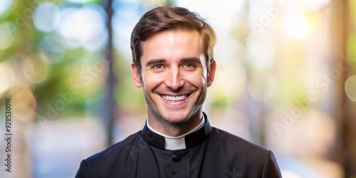 Happy young priest with a warm smile, wearing a clerical collar, posed against a soft, blurred background, conveying a sense of hope and compassion.