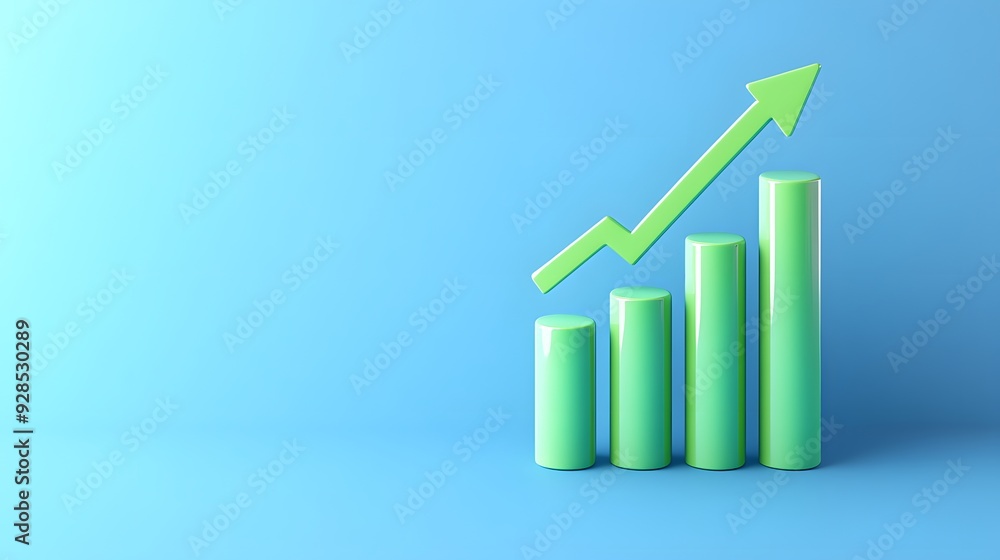 Green bar graph with upward arrow on a blue background, representing business growth, success, and positive economic trends. Green bar graph with upward arrow on a blue background, representing business growth, success, and positive economic trends.