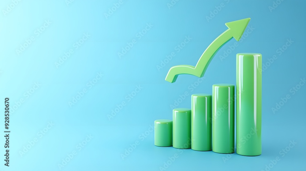 Green bar graph with upward arrow on blue background, representing growth, success, and business progress. Ideal for financial presentations.