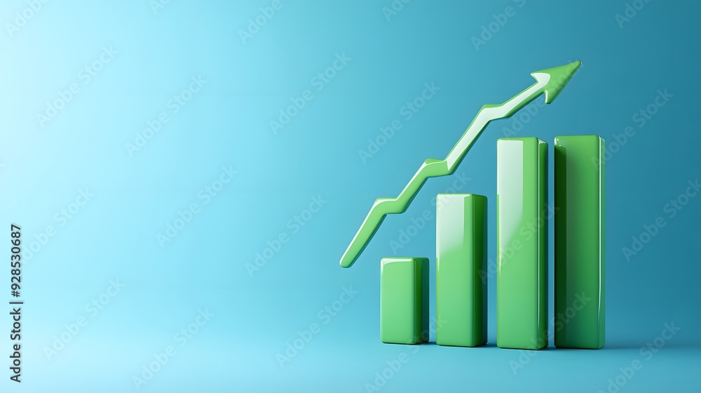Green bar graph with upward arrow on blue background, representing business growth and success in finance and analytics. Green bar graph with upward arrow on blue background, representing business growth and success in finance and analytics.