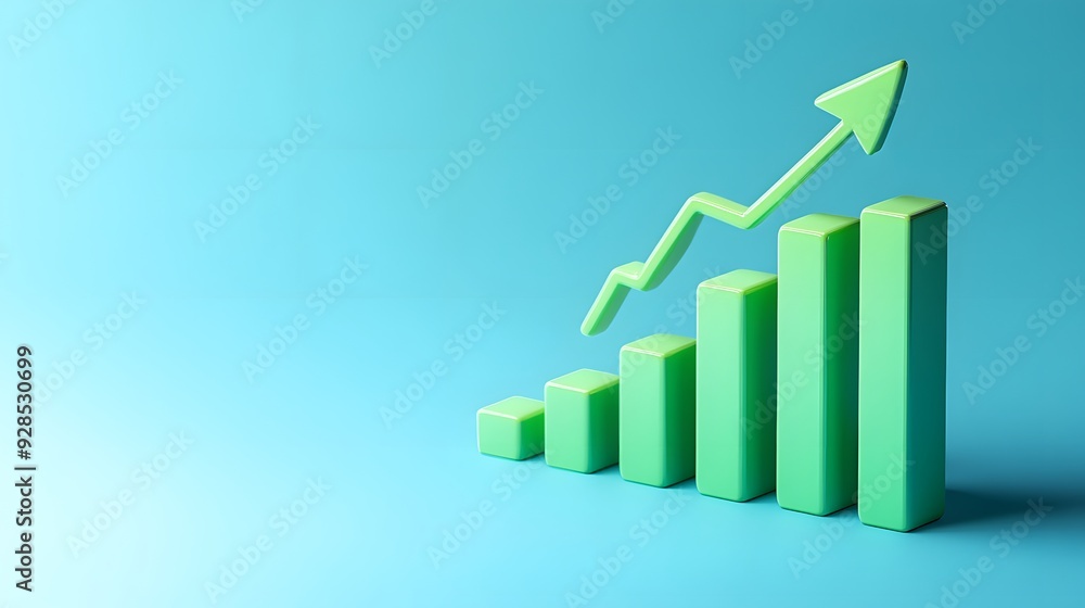 Green bar graph with upward arrow on blue background, symbolizing growth, success, and progress in business, finance, or statistics. Green bar graph with upward arrow on blue background, symbolizing growth, success, and progress in business, finance, or statistics.