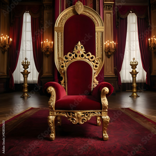 A red chair with a gold frame and red curtains with candles on it.