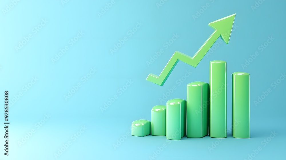 Green bar graph with upward arrow on blue background, symbolizing financial growth, success, and progress. Minimalist design. Green bar graph with upward arrow on blue background, symbolizing financial growth, success, and progress. Minimalist design.