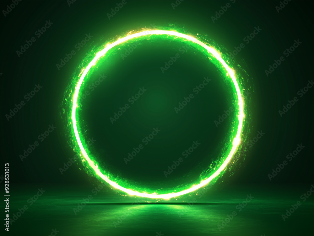 Obraz premium A glowing green circle of energy radiates light in a dark environment