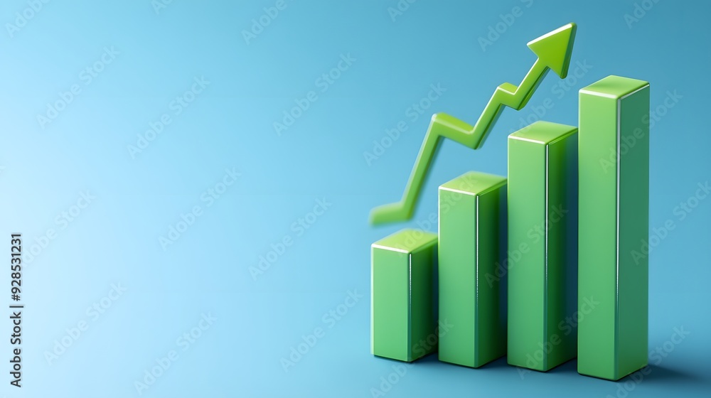 Green bar graph with upward arrow on blue background representing business growth, financial success, and positive progress in performance. Green bar graph with upward arrow on blue background representing business growth, financial success, and positive progress in performance.