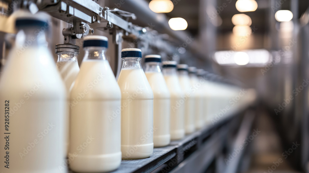 A photo of milk bottles on the production line at an industrial plant A photo of milk bottles on the production line at an industrial plant
