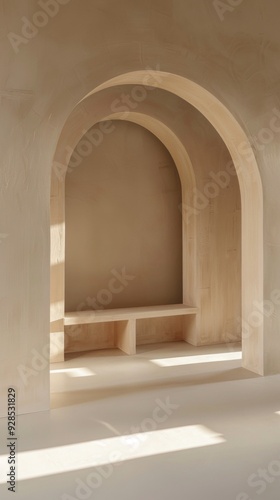 Light illuminates the curved archway and wooden bench in a tranquil, minimalist environment, inviting a moment of peace and reflection