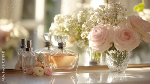 A beautiful vanity scene with elegant perfume bottles and fresh flowers, evoking a sense of elegance and beauty.