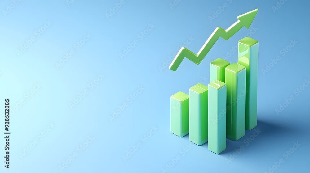 Green bar graph with upward arrow on blue background symbolizing growth, progress, and success in finance, business, and analytics. Green bar graph with upward arrow on blue background symbolizing growth, progress, and success in finance, business, and analytics.