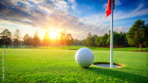 Closest to the pin concept in golf with golf ball and flag on green grass