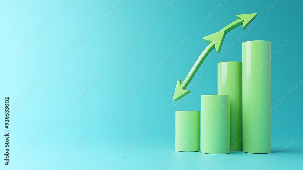 Green bar graph with upward arrow showing growth trend on a turquoise background, representing business success and financial increase. Green bar graph with upward arrow showing growth trend on a turquoise background, representing business success and financial increase.