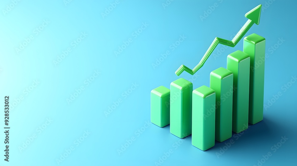Green bar graph with upward arrow showing growth or success on blue background, representing business improvement and financial progress. Green bar graph with upward arrow showing growth or success on blue background, representing business improvement and financial progress.