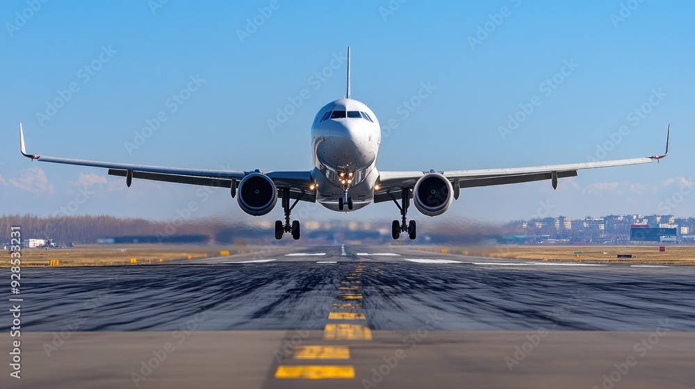 Naklejka premium A commercial airplane lifting off the runway during takeoff with a clear blue sky in the background.