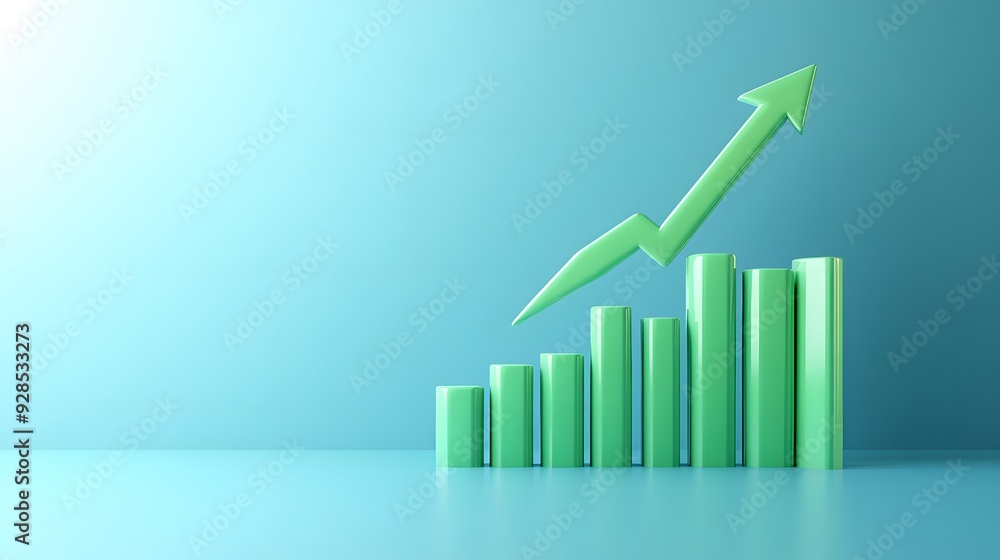 Green bar graph with upward arrow symbolizing growth and success on a blue gradient background, reflecting financial progress and business trends. Green bar graph with upward arrow symbolizing growth and success on a blue gradient background, reflecting financial progress and business trends.