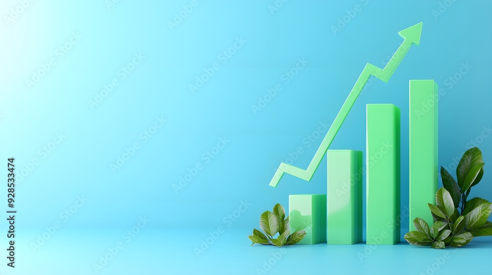 Green bar graph with upward arrow, symbolizing growth and success, with plants in a conceptual blue background. Green bar graph with upward arrow, symbolizing growth and success, with plants in a conceptual blue background.