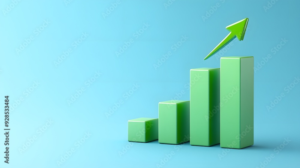 Green bar graph with upward green arrow against blue background indicating growth, success, and positive business trends. Green bar graph with upward green arrow against blue background indicating growth, success, and positive business trends.