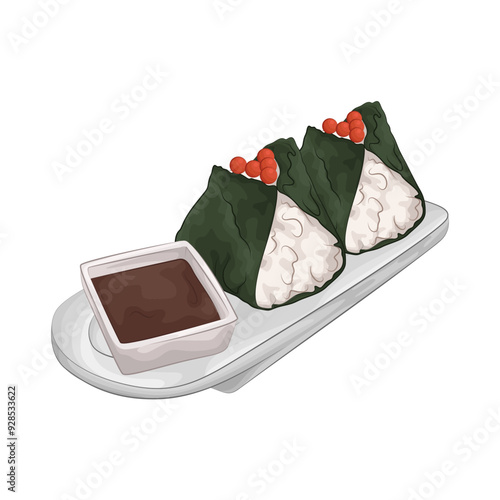 Illustration of salmon onigiri with soy sauce 