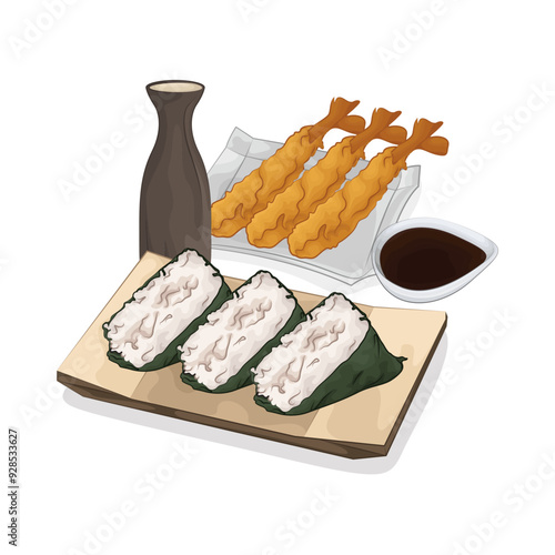 Illustration of onigiri and tempura with soy sauce 