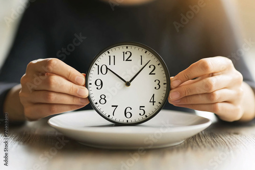 Wallpaper Mural A person holding a clock placed on a plate symbolizing the concept of time management or intermittent fasting with soft focus background Torontodigital.ca