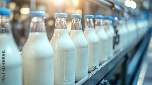 A photo of milk bottles on the production line at an industrial plant