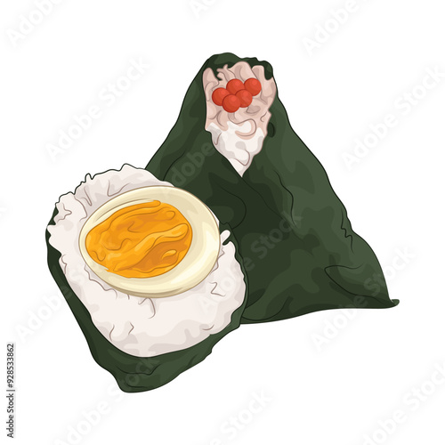 Illustration of salmon onigiri with egg onigiri 