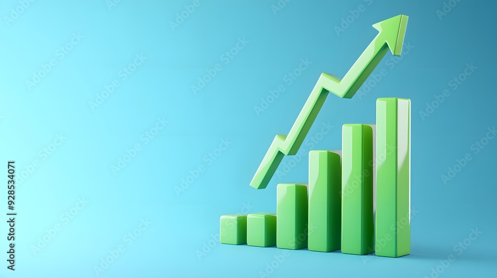 Green graph with an arrow indicating upward growth on a blue background, representing business success and positive financial trends. Green graph with an arrow indicating upward growth on a blue background, representing business success and positive financial trends.
