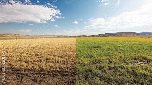 A dramatic change from a desolate, dry landscape to a healthy, green field, showing the benefits of environmental efforts.