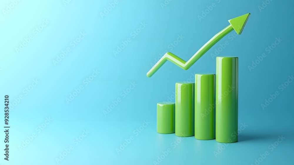 Green growth chart bar graph with increasing arrow on blue background symbolizes business success and financial progress. Green growth chart bar graph with increasing arrow on blue background symbolizes business success and financial progress.
