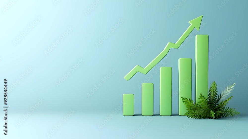 Green growth chart with arrow showing increasing trend, symbolizing progress, eco-friendly business and sustainability on a blue background. Green growth chart with arrow showing increasing trend, symbolizing progress, eco-friendly business and sustainability on a blue background.