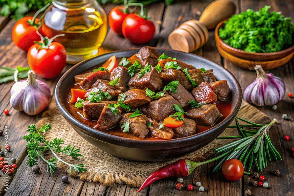Vibrant arrangement of cubed low-fat goulash beef pieces on a rustic table, surrounded by an assortment of fresh herbs and aromatic spices, awaiting culinary mastery. Vibrant arrangement of cubed low-fat goulash beef pieces on a rustic table, surrounded by an assortment of fresh herbs and aromatic spices, awaiting culinary mastery.