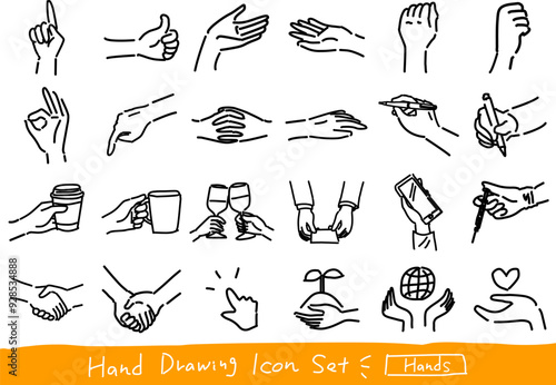 ラフな手描きの手のシンプル線画アイコンセット