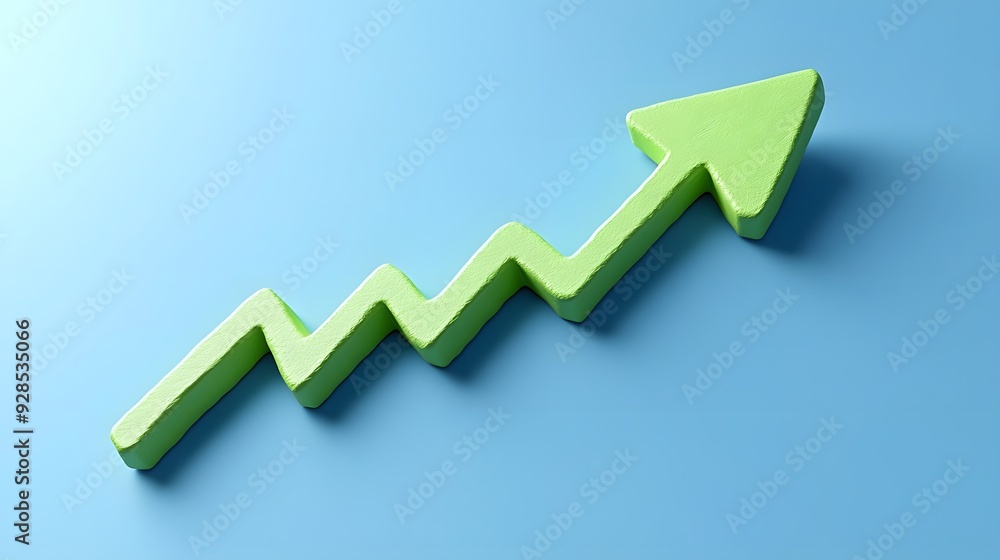Green upward arrow charting positive growth or financial success on blue background, symbolizing progress and business increase. Green upward arrow charting positive growth or financial success on blue background, symbolizing progress and business increase.