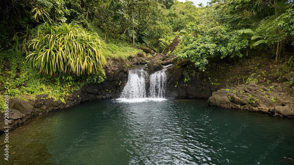 Secluded Waterfall Cascading into a Tranquil Pool Surrounded by Lush Tropical Foliage. AI generated illustration Secluded Waterfall Cascading into a Tranquil Pool Surrounded by Lush Tropical Foliage. AI generated illustration