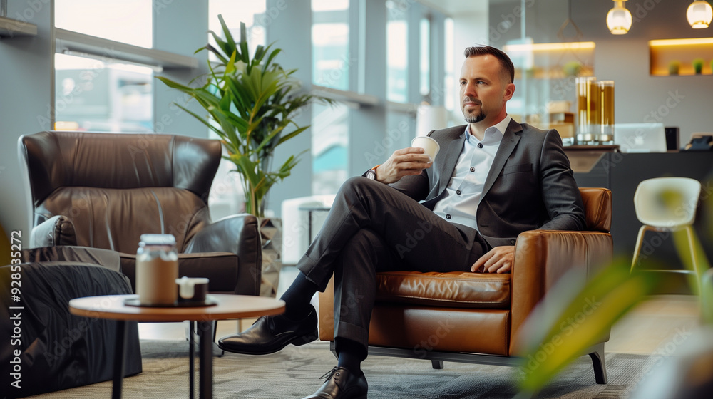 a businessman taking a brief break in a modern office lounge area, sipping coffee while seated in a comfortable chair. The environment is relaxed yet stylish, with soft lighting a businessman taking a brief break in a modern office lounge area, sipping coffee while seated in a comfortable chair. The environment is relaxed yet stylish, with soft lighting
