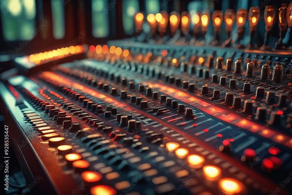 Fototapeta premium Audio Mixing Console with Vintage Light Bulbs