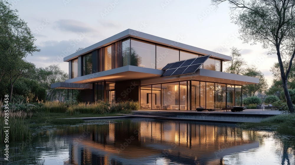 A modern residential house with solar panels on the roof, integrating green technology with contemporary architecture. A modern residential house with solar panels on the roof, integrating green technology with contemporary architecture.