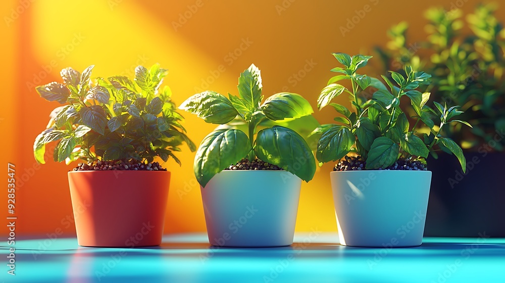 Obraz premium Three potted plants on a blue surface with a yellow background.
