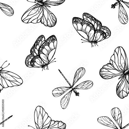 Seamless pattern with vector dragonflies and butterfly. Hand painted linear insects. Graphic clipart isolated on background. Botanical and wedding illustration. For designers, invitations, decoration