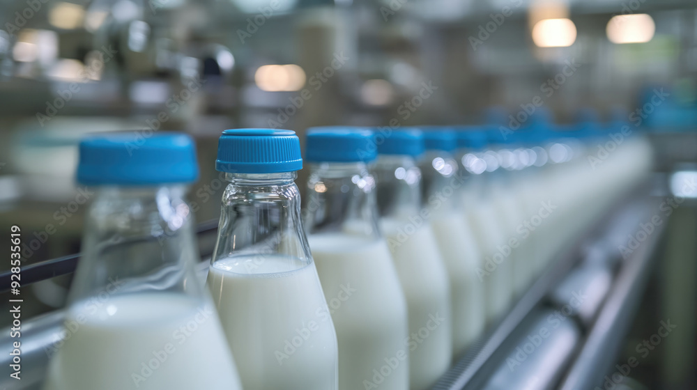 A photo of milk bottles on the production line at an industrial plant A photo of milk bottles on the production line at an industrial plant