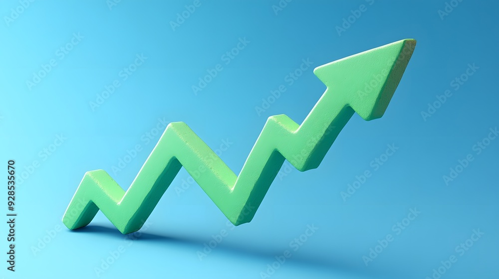 Green upward arrow on a blue background representing growth, success, and progress in business and financial metrics. Green upward arrow on a blue background representing growth, success, and progress in business and financial metrics.