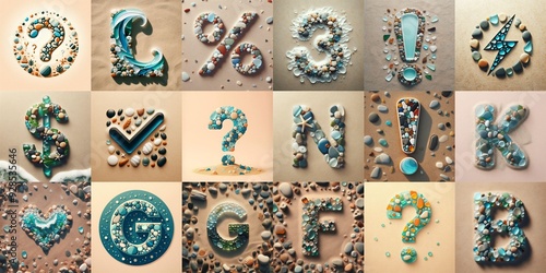 Sea pebbles on the sand background Lettering Typeface. AI generated illustration photo