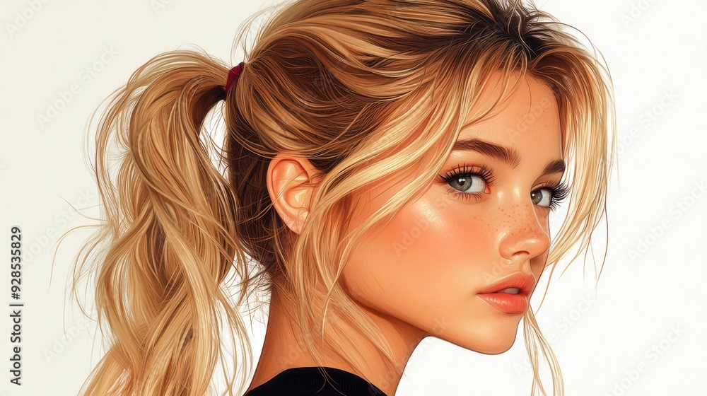 Side view portrait illustration of a beautiful young woman with blonde hair tied in a ponytail, against a light background, detailed and stylized digital artwork Side view portrait illustration of a beautiful young woman with blonde hair tied in a ponytail, against a light background, detailed and stylized digital artwork