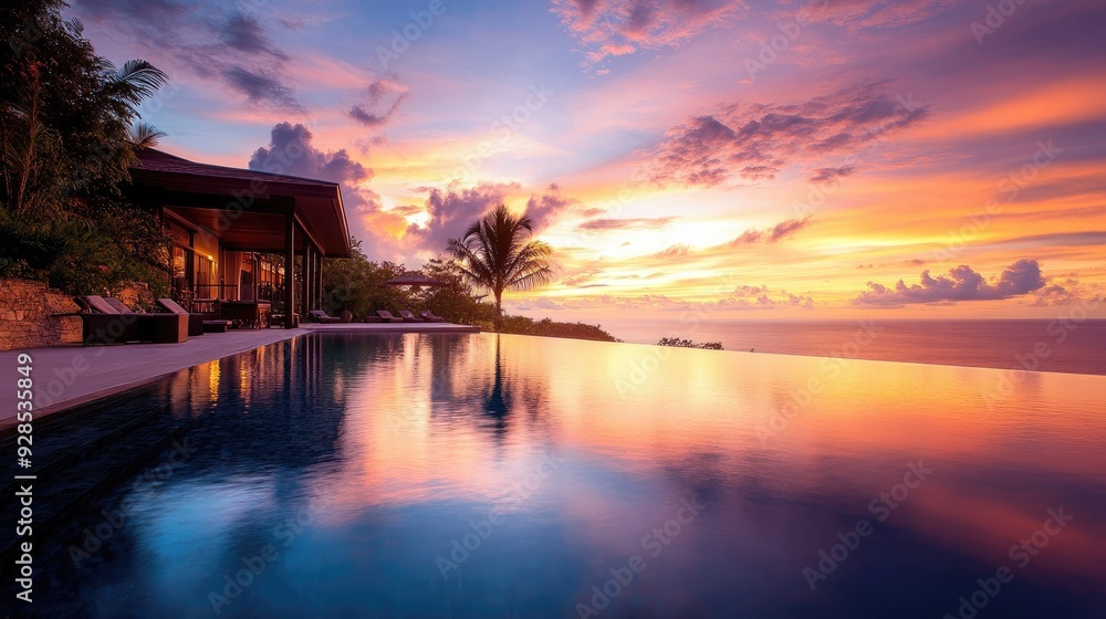 A picturesque resort with an infinity pool at sunset, showcasing the ultimate in relaxation and luxury. A picturesque resort with an infinity pool at sunset, showcasing the ultimate in relaxation and luxury.