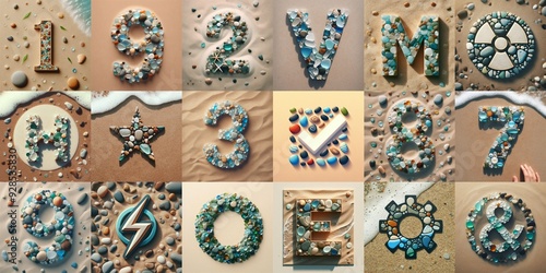 Sea pebbles on the sand background Lettering Typeface. AI generated illustration photo