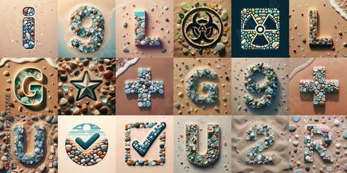 Sea pebbles on the sand background Lettering Typeface. AI generated illustration photo