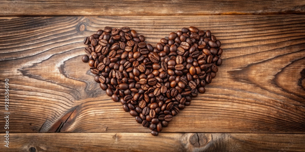 Heart shape made out of roasted coffee beans on a wooden surface Heart shape made out of roasted coffee beans on a wooden surface